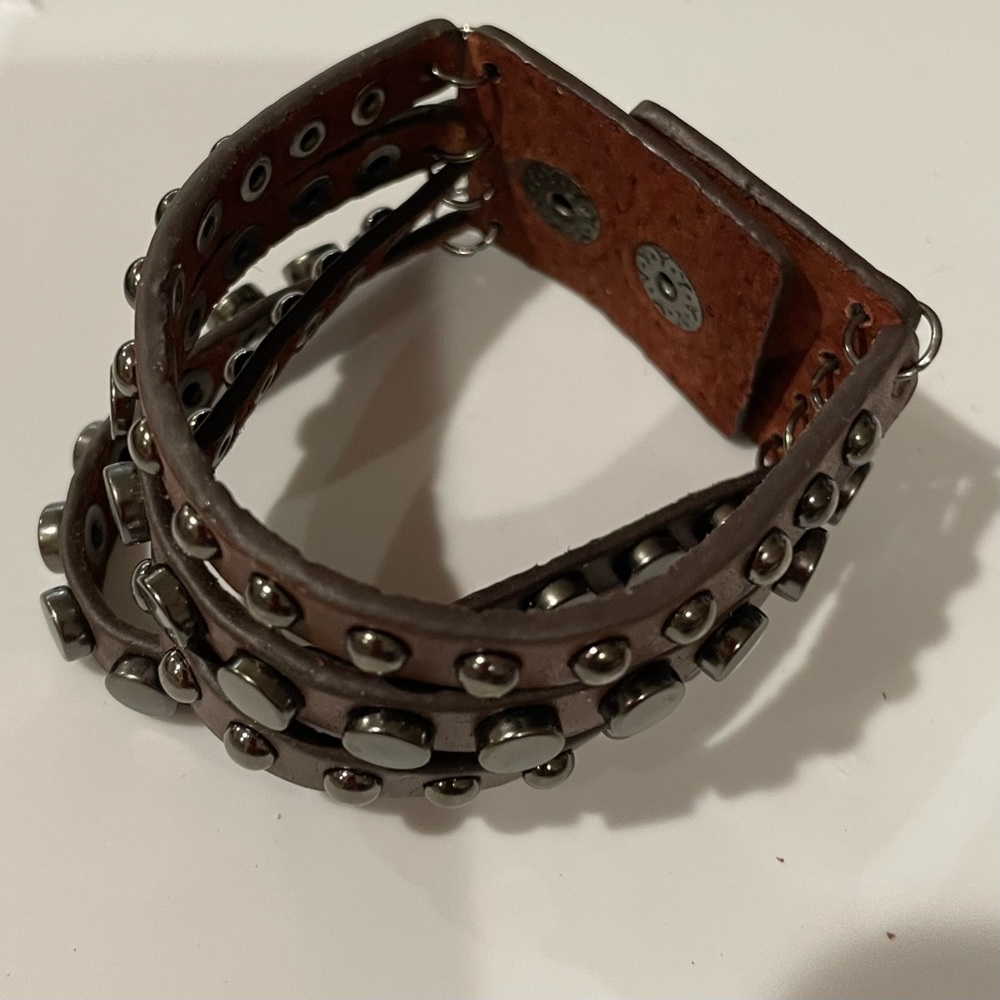 Genuine Leather Adjustable Bracelet; brown with round rivets